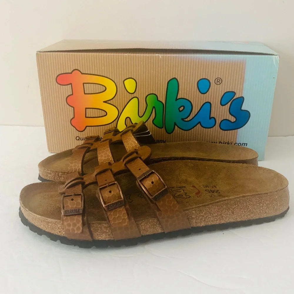 NWT Birkenstock Birki’s Xenia Soft Birko Flor Bronze Sandals Women Size 7 Comfy